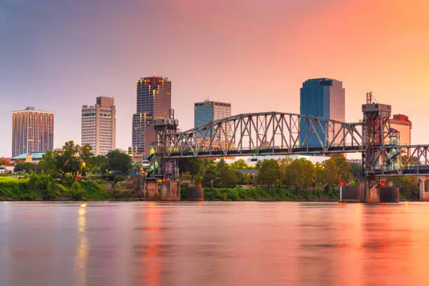 Little Rock, Arkansas, USA skyline on the river at twilight.