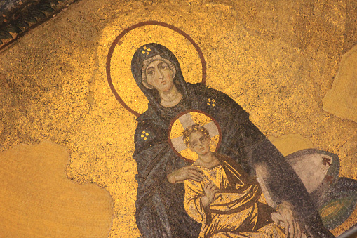Istanbul, Turkey-June 9, 2013: The Virgin Mary and Jesus Mosaic on the Wall in Hagia Sophia Mosque, close-up.