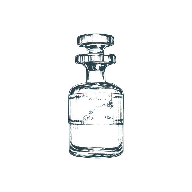 Perfume bottle, vector sketch. Graphic illustration of essential oil vial in engraving style. Used for perfume sticker, spa shop label etc.