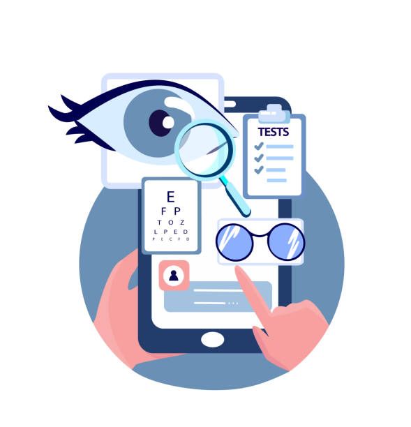 online ophthalmic touchscreen application.optician es shop.eye glasses choose.eye vision acuity,snellen chart.near-sightedness,farsightedness.mobile internet,smartphone consultation.vector illustration - visual screen stock-grafiken, -clipart, -cartoons und -symbole