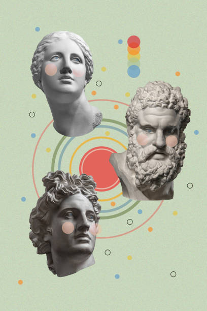 Collage with plaster antique sculptures of human faces in a pop art style. Creative concept image with ancient statue head in pastel colors. Zine culture. Contemporary art style poster. Collage with plaster antique sculptures of human faces in a pop art style. Creative concept image with ancient statue head in pastel colors. Contemporary art style poster. Zine culture. mythology photos stock pictures, royalty-free photos & images