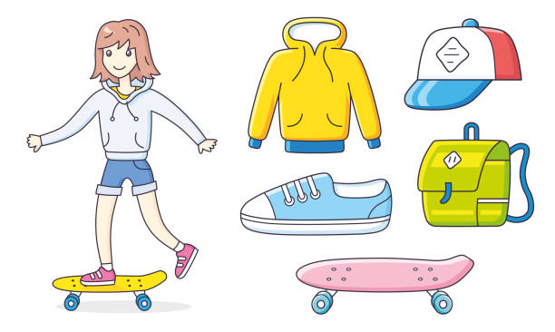 スケートボード、パーカー、野球帽、スニーカーシューズ、バックパック、ロングボードに乗って女の子のスケーター。 - baseball cap dropout teenager city life点のイラスト素材／クリップアート素材／マンガ素材／アイコン素材