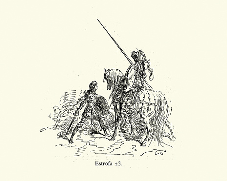 Vintage illustration of scene from Orlando Furioso illustrated by Gustave Dore. Medieval knights, mounted and on foot