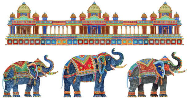 illustrations, cliparts, dessins animés et icônes de modèle de frontière sans couture avec les éléphants indiens ornés de fantaisie, temple antique d’architecture sur le fond blanc. peinture à l’aquarelle sur le contour mince coloré de ligne, ethnique. imprimé t-shirt, peinture batik - thai culture thailand painted image craft product