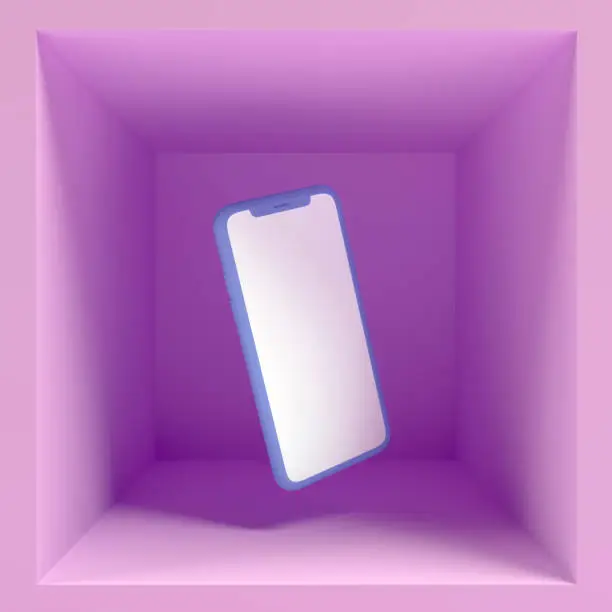 Mobile phone flying in a box-shaped empty room
