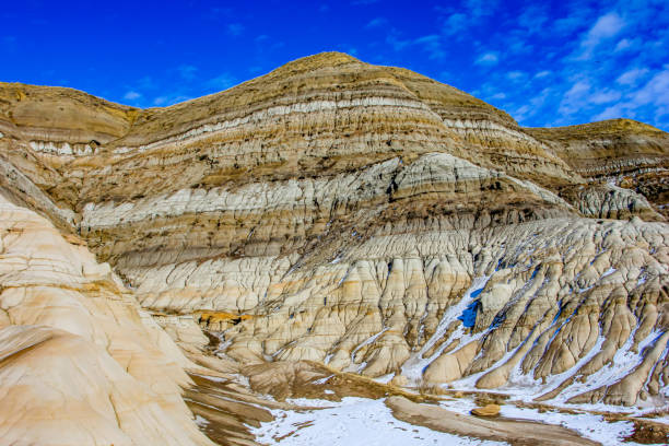 Last snow of the year clings to the Badlands. Drumheller, Alberta, Canada Last snow of the year clings to the Badlands. Drumheller, Alberta, Canada drumheller valley stock pictures, royalty-free photos & images