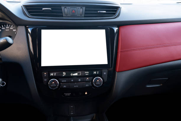 istock Monitor in car with isolated blank screen use for navigation maps and GPS. Isolated on white with clipping path. Car detailing. Car display with blank screen. Modern car red leather interior details. 1303007677