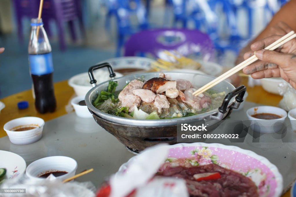 Thai style grilled pork  ( Pork Pan ) Popular buffet food for Thai people Bacon Stock Photo