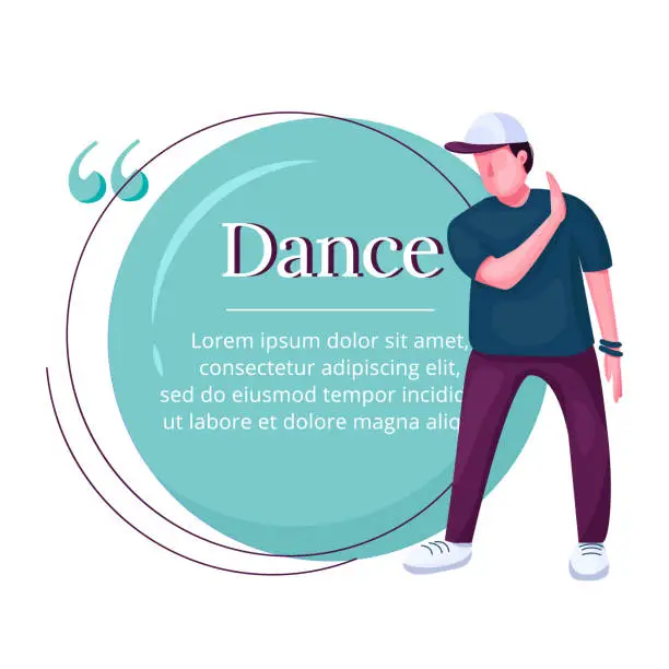 Vector illustration of Contemp dancer flat color vector character quote. Modern street dance, breakdance teenage male performer. Citation blank frame template. Speech bubble. Quotation empty text box design