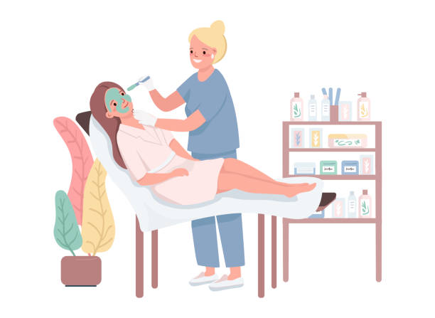 Spa visit flat color vector characters. Female beautician applying green mask. Young woman getting facial cosmetic treatment. Skin care procedure. Beauty salon isolated cartoon illustration Spa visit flat color vector characters. Female beautician applying green mask. Young woman getting facial cosmetic treatment. Skin care procedure. Beauty salon isolated cartoon illustration beautician stock illustrations