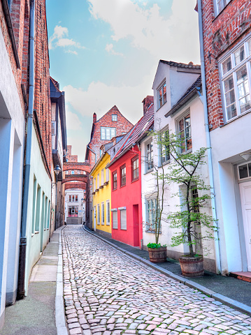 Old Lubeck street with paving stone. Small trees growing in pots. Germany