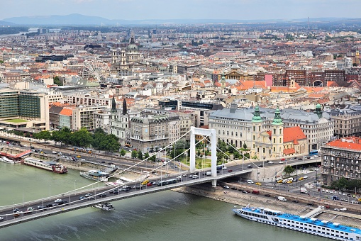 Budapest city, Hungary - capital city aerial view. Old Town of Pest and Danube river.