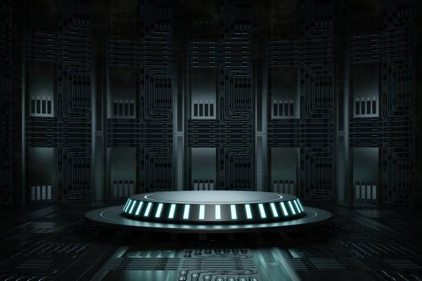 High-tech product podium platform studio in spaceship with electric wire lamp and engine background. Hi-tech retro stage and Future science and technology theme. 3D illustration rendering graphic