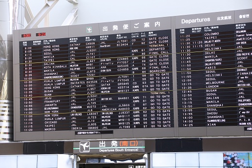 Departures schedule at Narita Airport of Tokyo. Narita Airport is the 2nd busiest airport of Japan (after Haneda) with 34,751,221 annual passengers (2015).