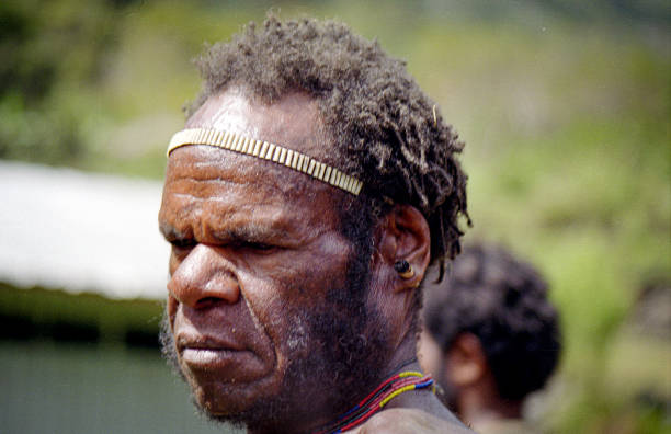 Tribesman West Papua, Indonesia (formerly known as Irian Jaya,  Indonesia) October 6, 1999.  Lani tribesman as porters in the trek  to Baliem Gorge. koteka stock pictures, royalty-free photos & images