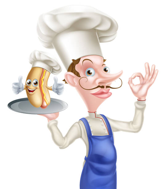 illustrations, cliparts, dessins animés et icônes de chef de dessin animé retenant le hot dog - barbecue grill chef barbecue sausage