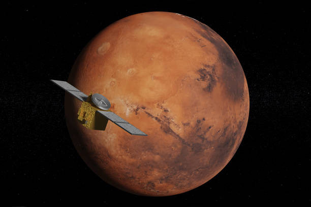 istock Probe orbiting the planet Mars. 3d illustration. 1303011490