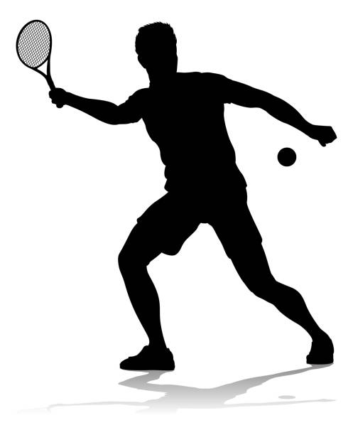 ilustraciones, imágenes clip art, dibujos animados e iconos de stock de tenista silueta jugador deportivo hombre - tennis silhouette vector ball