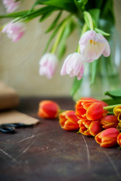 istock red spring tulips on a blue textured background, next to twine rope and scissors, preparing bouquets for the holiday 1303012174