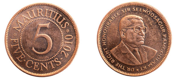 istock Mauritius five cents coin on a white isolated background 1303013188