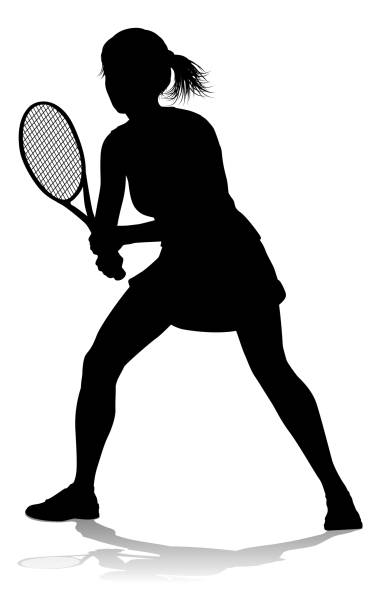 ilustraciones, imágenes clip art, dibujos animados e iconos de stock de tenista silueta jugadora deportiva mujer - tennis silhouette vector ball