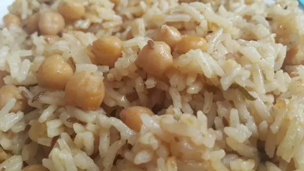 Basmati Rice Pulao or pulav with chana, or vegetable rice using chana also known as chana pulao