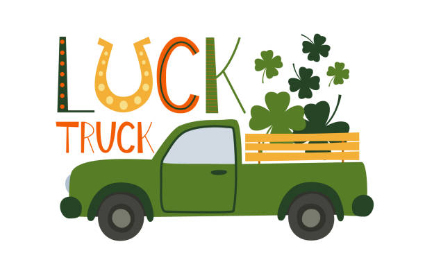 ilustrações de stock, clip art, desenhos animados e ícones de luck truck loaded with shamrocks for st. patrick's day. quote. retro cartoon pick-up truck with clover leaves. - horseshoe good luck charm cut out luck