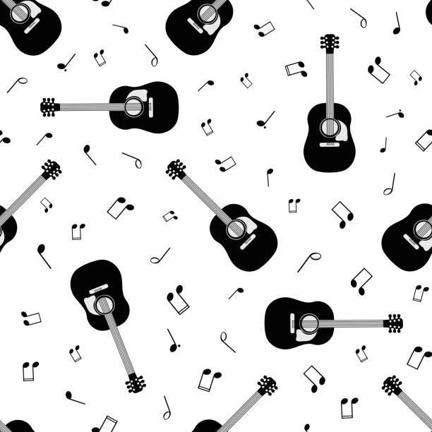 Acoustic guitar and music notes vector seamless pattern background. Musical string instrument and annotation backdrop. Monochrome repeat. All over print repeat for music lesson or festival concept Acoustic guitar and music notes vector seamless pattern background. Musical string instrument and annotation backdrop. Monochrome repeat. All over print repeat for music lesson or festival concept. all over pattern stock illustrations