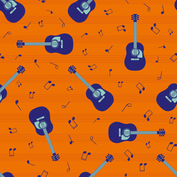 Acoustic guitar and music notes vector seamless pattern background. String instrument and annotation backdrop with musical staff horizontal lines. Neon color repeat for party or festival concept Acoustic guitar and music notes vector seamless pattern background. String instrument and annotation backdrop with musical staff horizontal lines. Neon color repeat for party or festival concept. all over pattern stock illustrations