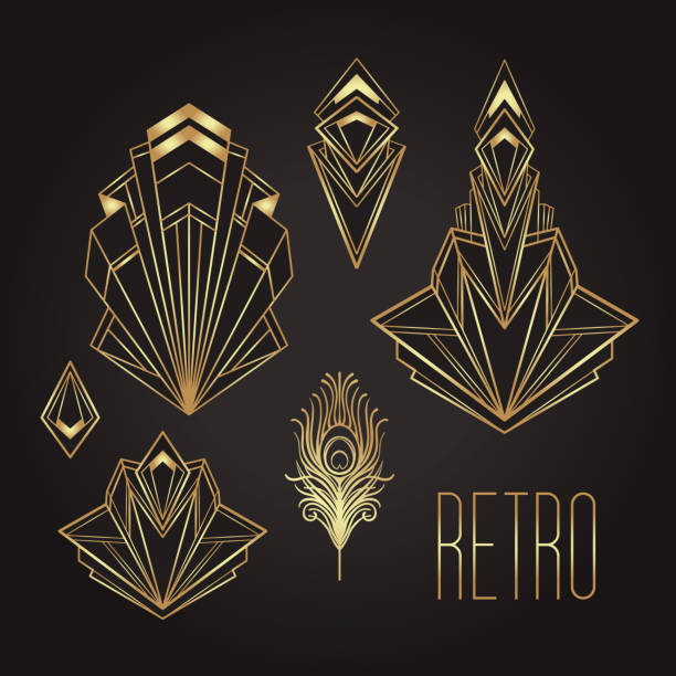 Art Deco vintage patterns and design elements. Retro party geometric background set (1920's style). Vector illustration. Art Deco vintage invitation template design with illustration of flapper girl. patterns and frames. Retro party background set (1920's style). Vector for glamour event, thematic wedding or jazz party. gatsby stock illustrations
