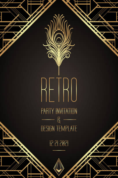 Art Deco vintage patterns and design elements. Retro party geometric background set (1920's style). Vector illustration. Art Deco vintage invitation template design with illustration of flapper girl. patterns and frames. Retro party background set (1920's style). Vector for glamour event, thematic wedding or jazz party. 1920 stock illustrations