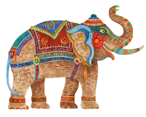 illustrations, cliparts, dessins animés et icônes de aquarelle peinte fantaisie ornée éléphant indien isolé sur un fond blanc. ligne mince colorée, ornements ethniques sur le harnais lumineux. imprimé t-shirt. batik peinture, carte d’invitation spectacle de cirque - backgrounds elephant illustration and painting india