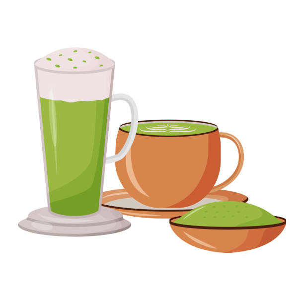 правообладатель иллюстрации matcha latte. стеклянная высокая кружка. бамбуковый порошок на сусере. меню кафетерия. зеленый чай в кружках плоский - green tea tea scented mint stock illustrations