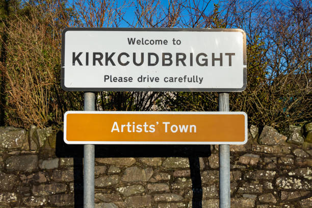 Welcome to Kirkcudbright, please drive carefully, Artists' Town sign stock photo