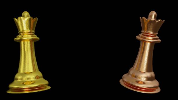 istock Two chess queens pieces in gold, isolated on black color. 3d rendering. 1303020447