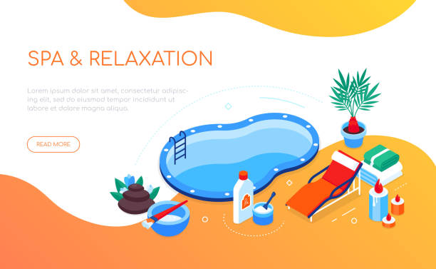 illustrazioni stock, clip art, cartoni animati e icone di tendenza di spa e relax - moderno banner web isometrico - water lily swimming pool health spa water