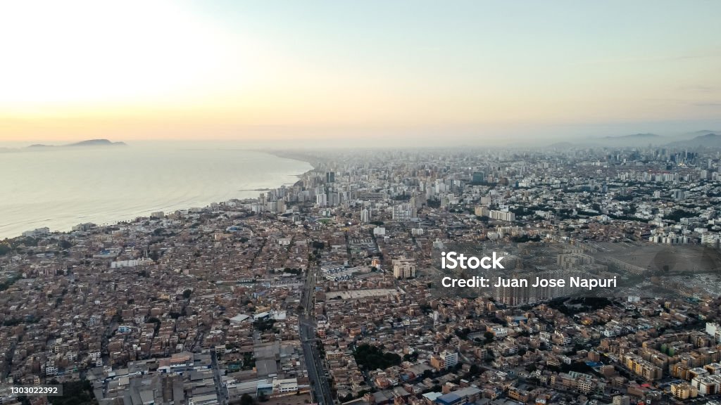 Aerial view of the City of Lima with the districts of Miraflores, Barranco and Surco. Aerial view of the City of Lima with the districts of Miraflores, Barranco and Surco Lima - Peru Stock Photo
