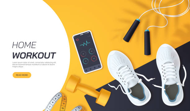 Home workout vector illustration. Flat lay composition with white sports sneakers, dumbbells,skipping rope and measuring tape. Fitness and training at home. Healthy lifestyle. Realistic 3d style. Home workout vector illustration. Flat lay composition with white sports sneakers, dumbbells,skipping rope and measuring tape. Fitness and training at home. Healthy lifestyle. Realistic 3d style. gym backgrounds stock illustrations