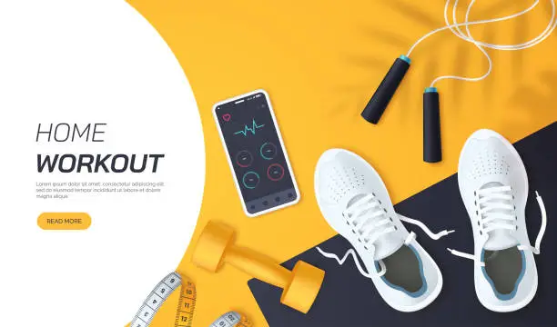 Vector illustration of Home workout vector illustration. Flat lay composition with white sports sneakers, dumbbells,skipping rope and measuring tape. Fitness and training at home. Healthy lifestyle. Realistic 3d style.