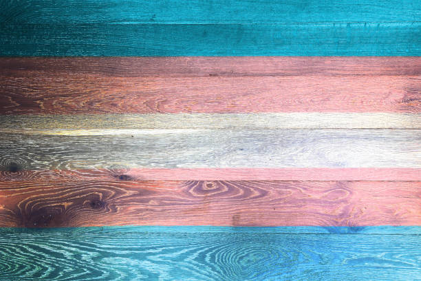 A Transgender Pride flag on rustic old wood surface background blue white pink stripes