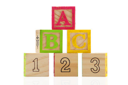 A B C 1 2 3 Wooden blocks stacked on white background