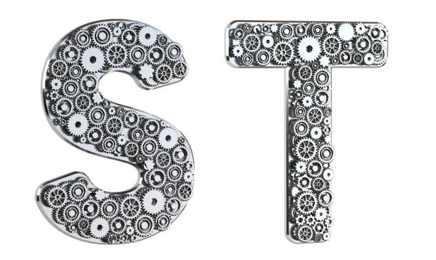istock Gear alphabet made from realistic metal isolated on white background. Mechanical concept. Set of letters S & T. 3D rendering. 1303024270