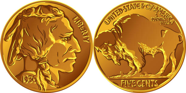 illustrazioni stock, clip art, cartoni animati e icone di tendenza di moneta d'oro vector american buffalo - moneta da cinque cent