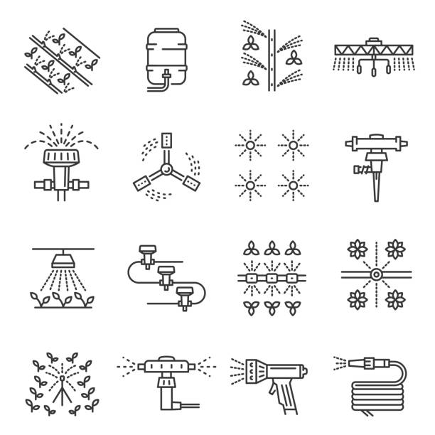Irrigation farm equipment thin line icons set isolated on white. Sprinkler, plant watering system. Irrigation farm equipment thin line icons set isolated on white. Sprinkler, plant watering system outline pictograms collection. Dripline, agricultural pipes vector elements for infographic, web. spraying stock illustrations