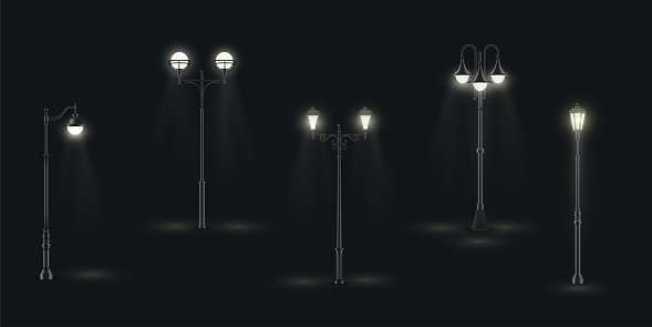 Street lights with one, two, three lamps glowing in night dark. Lanterns on poles outdoor urban various design realistic collection. Illumination equipment. Vector set illustration on black.