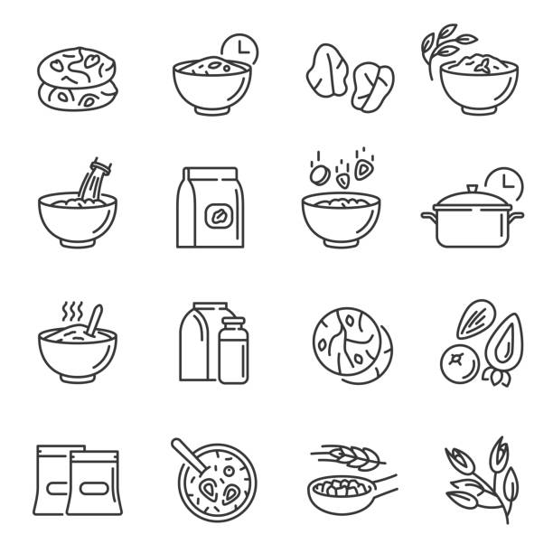 płatki owsiane, ciasteczka cienkie ikony linii ustawione na białym. płatki zbożowe, mleko, miska, piktogramy opakowań. - oatmeal breakfast healthy eating food stock illustrations