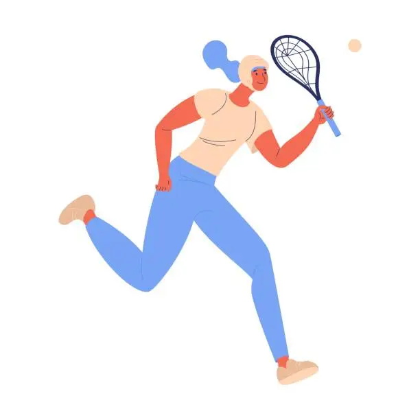 Vector illustration of Xare sport woman in helmet running with racket isolated on white. Concept healthy lifestyle illustration with female character.