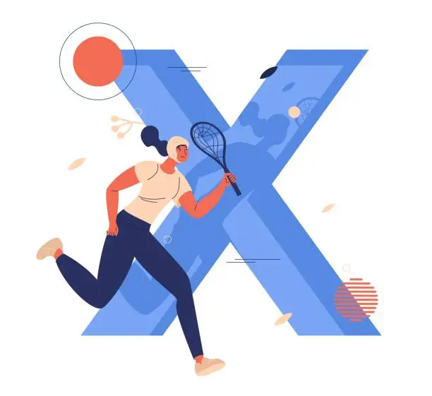 Vector illustration of Xare sport woman running with racket in hands. Large letter X drawn in blue color isolated on white