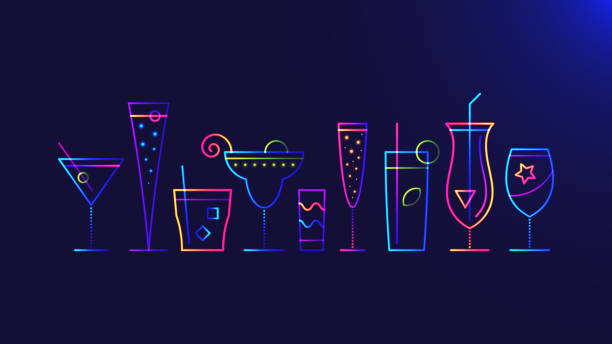 Cocktail party background Cocktail party background. Vector illustration of abstract glowing neon colored different cocktail glasses over blue background for your design cocktail party stock illustrations