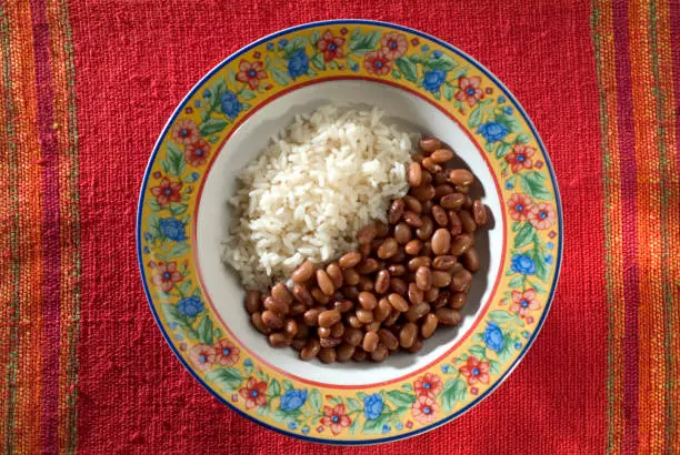 Brazilian typical lunch, rice and brown beans plate.